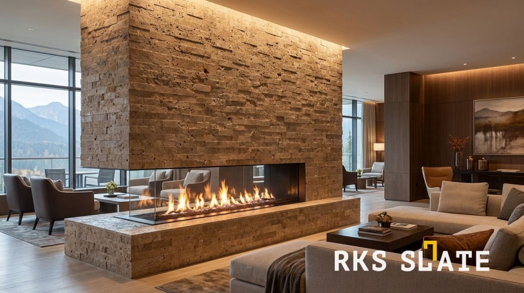 Для облицовки камина использован облицовочный камень 3D панели RKS SLATE Травертин Noche Travertin