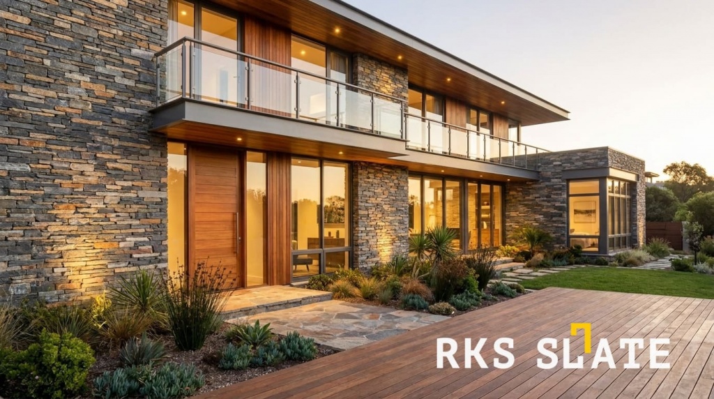 Для облицовки фасада дома используют кварцит Rusty Black Quartz Strips