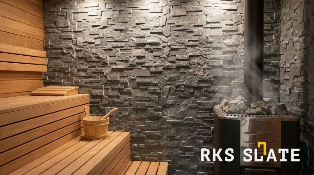 Стена за печью в бане выложена натуральным камнем 3D-панели Grey Slate Classic 600×150 мм